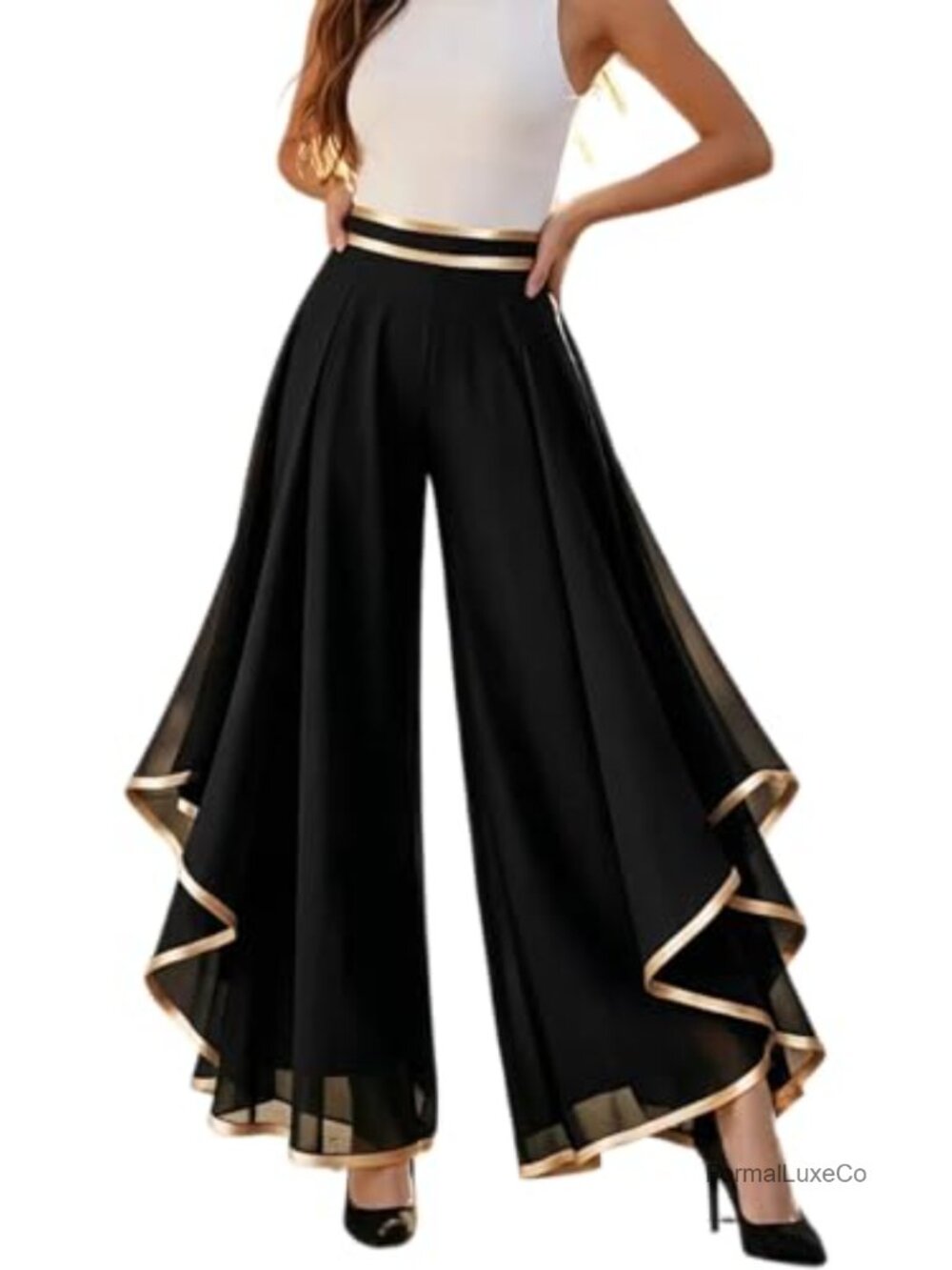 Womens Chiffon Flowy Wide Leg Dress Pants Gold Trim Work Pants
